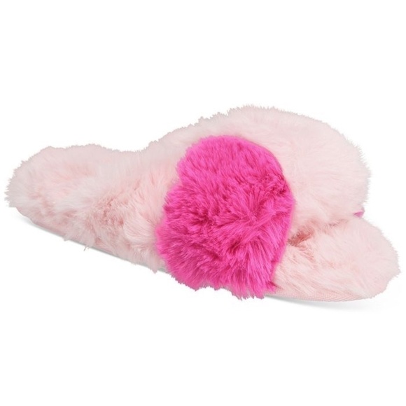 JENNI Intimates Faux Fur Cross-band Open-toe Slide Slippers PINK Large - Picture 1 of 4